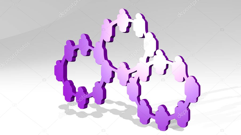 circle of people made by 3D illustration of a shiny metallic sculpture with the shadow on light background. abstract and design