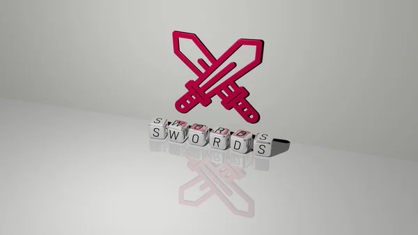 Reprezentacja Swords Ikoną Ścianie Tekst Ułożone Metalicznymi Liter Sześciennych Podłodze — Zdjęcie stockowe