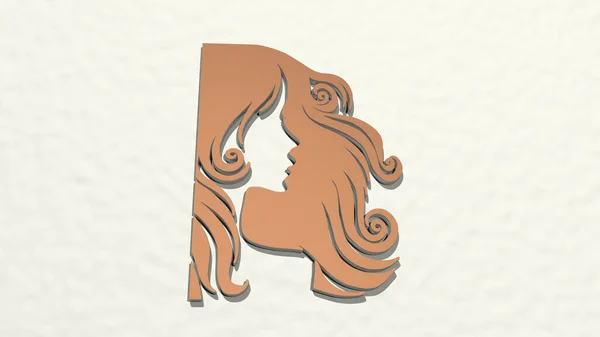 Frau Mit Haaren Wind Der Wand Illustration Einer Metallischen Skulptur — Stockfoto