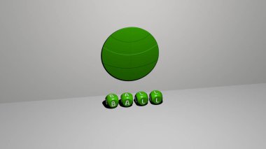 BALL 'ın dikey olarak üç boyutlu grafiksel görüntüsü ve üst perspektiften metalik kübik harflerle oluşturulan metinler, konsept sunumu ve slayt gösterileri için mükemmel. Resim ve arkaplan