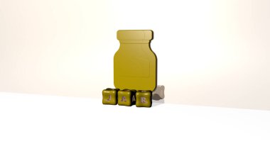 Kavanozun dikey olarak 3 boyutlu grafiksel görüntüsü ve üst perspektiften metalik kübik harflerle oluşturulan metinler, konsept sunumu ve slayt gösterileri için mükemmel. arkaplan ve cam