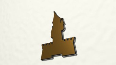 Kale, parlak arkaplanlı bir duvardaki parlak metalik heykelin 3 boyutlu çizimiyle yapıldı. mimari ve yapı