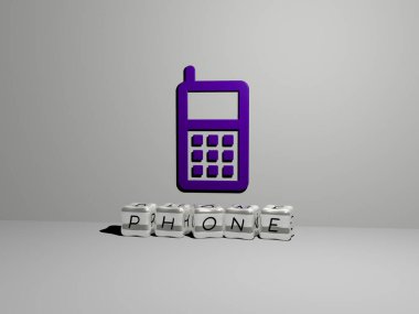 Konsept ve sunumların ilgili anlamları için metalik zar harflerinin yaptığı telefon grafikleri ve metinlerin 3 boyutlu çizimi. cep telefonu ve iş