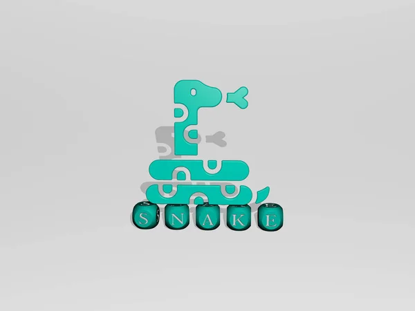 Подання Snake Піктограмою Стіні Текстом Розташованою Металевими Кубічними Літерами Дзеркальній — стокове фото