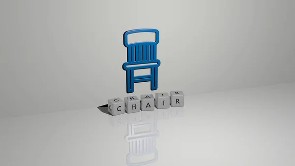 三维的Chair表示 墙壁上有图标 文本用金属立方体字母排列在镜面 用于概念意义和幻灯片演示 图解和背景 — 图库照片