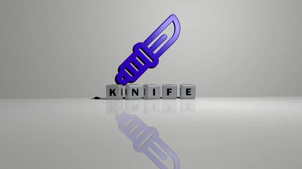 3D representation of KNIFE with icon on the wall and text arranged by metallic cubic letters on a mirror floor for concept meaning and slideshow presentation. background and illustration