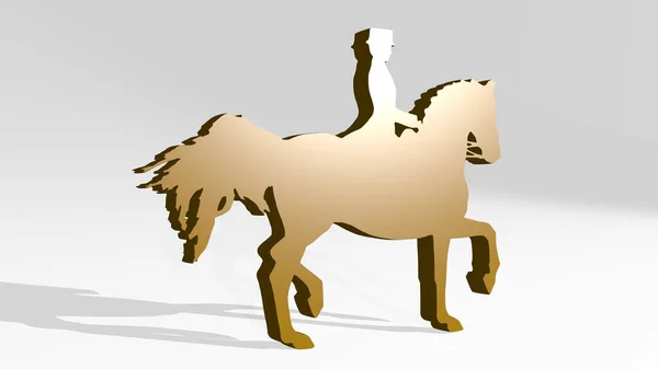 光を背景に影を持つ光沢のある金属彫刻の3Dイラストで作られた馬に乗っている女性 美しく若い — ストック写真