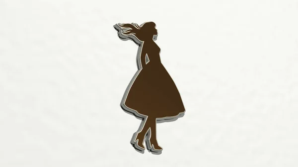 在她的头发中带着风的Fashion女人 是由一个明亮的金属雕塑的3D插图制作的 墙上有一个明亮的背景 漂亮的设计 — 图库照片