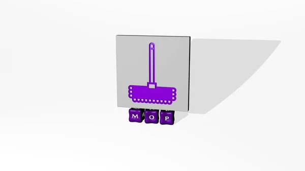 아이콘 Mop 바닥에 입방체로 텍스트는 개념적 의미와 슬라이드쇼 프레젠테이션을 것이다 — 스톡 사진