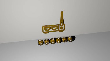 ROUTER 'un 3 boyutlu tasviri, duvarında simge ve ayna zemininde metalik kübik harflerle konsept ve slayt gösterisi sunumu için düzenlenmiş metin. Resim ve İnternet