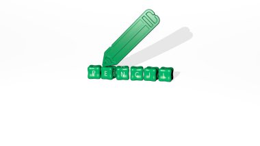 PENCIL grafiklerinin 3 boyutlu çizimi ve bu konsept ve sunumların ilgili anlamları için metalik zar harfleri tarafından yapılan metin. arkaplan ve çizim