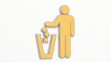 Duvarda küçük bir çöp kutusu var. Metalik heykelin beyaz arka planda, yumuşak desenli üç boyutlu çizimi. çöp ve çöp