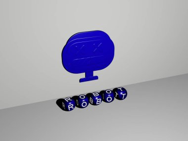Konsept ve sunumların ilgili anlamları için metalik zar harflerinin yaptığı robot grafikleri ve metinlerin 3 boyutlu çizimi. yapay ve arkaplan