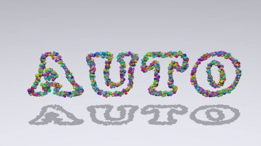 AUTO, beyaz arkaplana gölge düşüren renkli küçük nesneler tarafından üç boyutlu illüstrasyonla yazıldı. araba ve otomobil