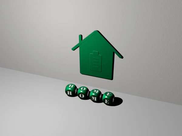 3D illustration of home graphics and text made by metallic dice letters for the related meanings of the concept and presentations. background and house