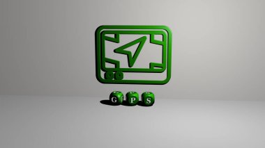 Duvarında simge olan GPS 'in 3 boyutlu temsili ve ayna zemininde konsept ve slayt gösterisi sunumu için metalik kübik harflerle düzenlenmiş metin. Resim ve harita