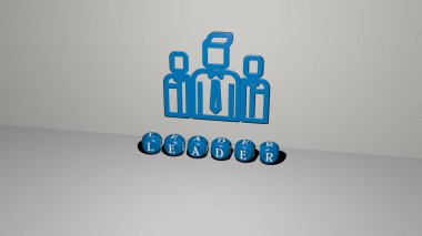 LeADER 'ın dikey olarak 3B grafiksel görüntüsü, üst perspektiften metalik kübik harflerle oluşturulan metinlerle birlikte, konsept sunumu ve slayt gösterileri için mükemmel. iş ve illüstrasyon