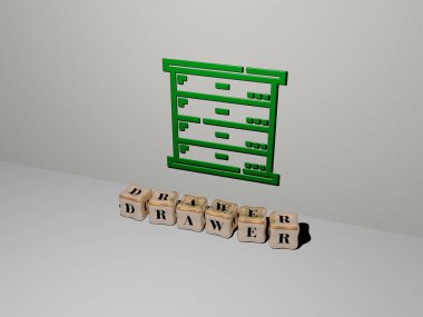 Çekmece grafiklerinin 3 boyutlu çizimi ve konsept ve sunumların ilgili anlamları için metalik zar harflerinin oluşturduğu metin. kabine ve tasarım