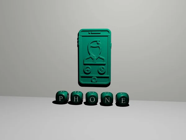 Представление Phone Иконкой Стене Текстом Упорядоченным Металлическими Кубическими Буквами Зеркальном — стоковое фото