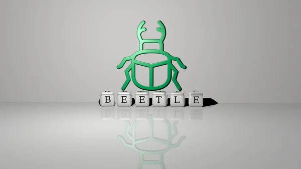 Представление Beetle Иконкой Стене Текстом Упорядоченным Металлическими Кубическими Буквами Зеркальном — стоковое фото