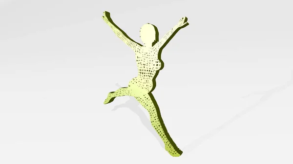 女性が飛び跳ねて影の中で踊るのです 3Dレンダリングの金属材料で作られた厚い彫刻 美しく若い — ストック写真