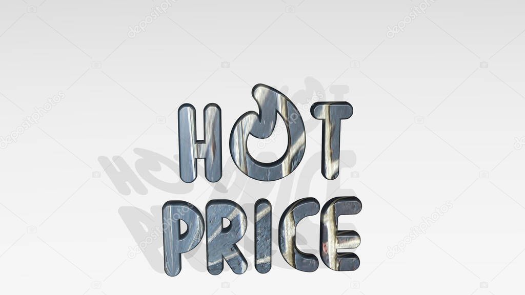 tag hot price casting shadow with two lights. 3D illustration of metallic sculpture over a white background with mild texture. sign and banner