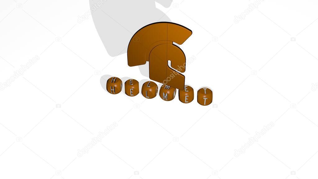 3D illustration of HELMET graphics and text made by metallic dice letters for the related meanings of the concept and presentations. background and construction