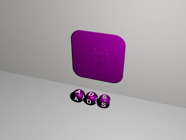 Duvarında ikon olan ADS 'nin 3 boyutlu temsili ve ayna zemininde konsept ve slayt gösterisi sunumu için metalik kübik harflerle düzenlenmiş metin. Resim ve arkaplan