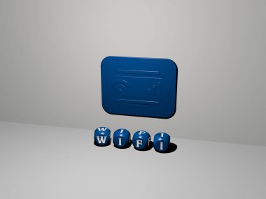 Duvarında ikon olan WIFI 'nin 3 boyutlu temsili ve kavram ve slayt gösterisi sunumu için ayna zemininde metalik kübik harflerle düzenlenmiş metin. Resim ve İnternet