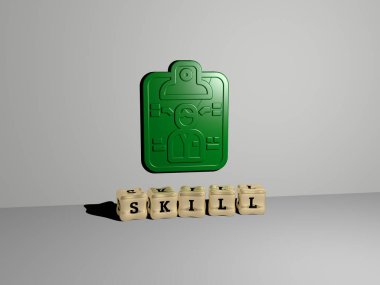 Konsept ve sunumların ilgili anlamları için metalik zar harfleri tarafından yapılan SKILL grafikleri ve metinlerinin 3 boyutlu illüstrasyonu. iş ve arkaplan