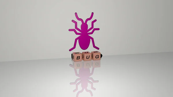 Illustration Von Bug Grafiken Und Text Aus Metallischen Würfelbuchstaben Für — Stockfoto