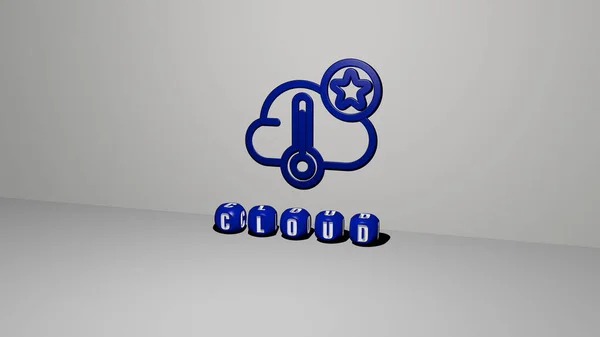 3D graphical image of CLOUD vertically along with text built by metallic cubic letters from the top perspective, excellent for the concept presentation and slideshows. background and blue