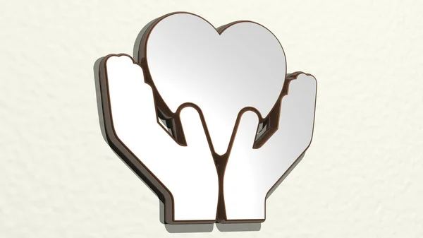 Mãos Segurar Coração Parede Ilustração Escultura Metálica Sobre Fundo Branco — Fotografia de Stock