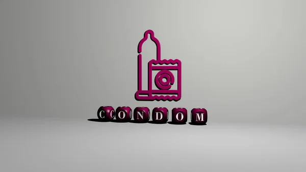 3D graphical image of CONDOM vertically along with text built by metallic cubic letters from the top perspective, excellent for the concept presentation and slideshows. illustration and background
