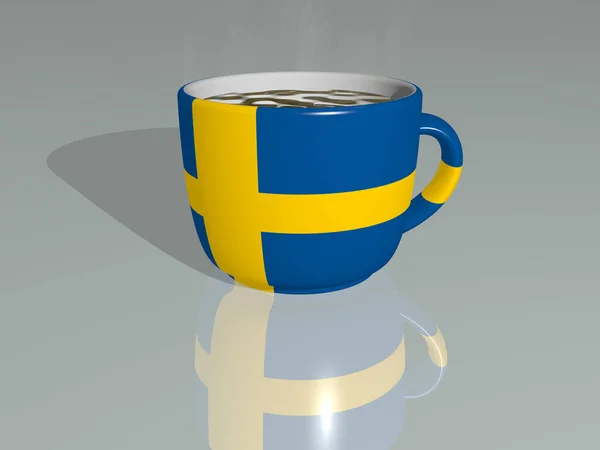 Szwecja Umieszczona Filiżance Gorącej Kawy Ilustracji Odbitej Podłodze Realistyczną Perspektywą — Zdjęcie stockowe