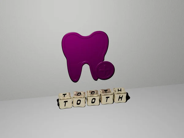 Toothの3Dグラフィカル画像は 概念プレゼンテーションやスライドショーに優れた 上の観点から金属立方文字によって構築されたテキストと一緒に垂直方向に 歯とイラスト — ストック写真