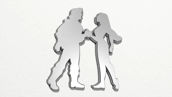 壁から見るロマンチックな男の子と女の子 3Dレンダリングの金属材料で作られた厚い彫刻 背景とイラスト — ストック写真