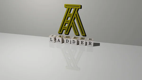 3D representation of ladder with icon on the wall and text arranged by metallic cubic letters on a mirror floor for concept meaning and slideshow presentation. illustration and background