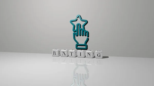 3D representation of rating with icon on the wall and text arranged by metallic cubic letters on a mirror floor for concept meaning and slideshow presentation. illustration and business