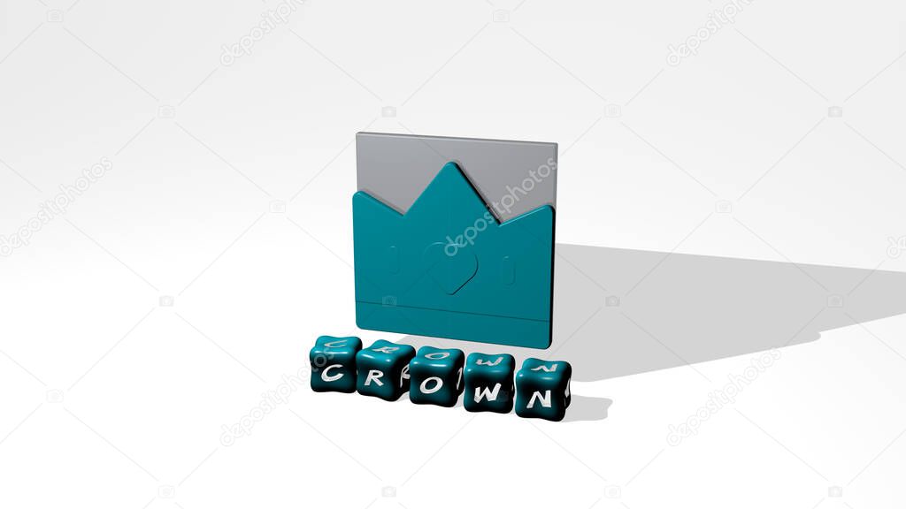 3D representation of CROWN with icon on the wall and text arranged by metallic cubic letters on a mirror floor for concept meaning and slideshow presentation. illustration and background