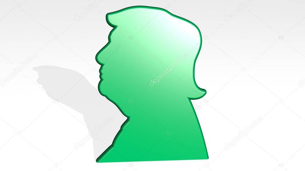 MAN PROFILE made by 3D illustration of a shiny metallic sculpture with the shadow on light background. icon and portrait