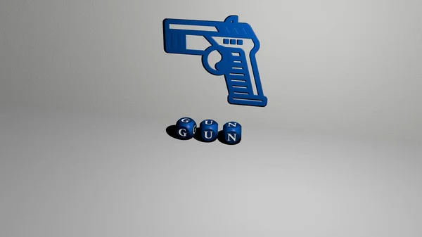 Графическое Изображение Пистолета Вертикально Вместе Текстом Построенным Металлическими Кубическими Буквами — стоковое фото