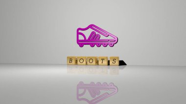 Duvarında simge olan çizmelerin 3 boyutlu temsili ve ayna zemininde konsept ve slayt gösterisi sunumu için metalik kübik harflerle düzenlenmiş metin. Resim ve arkaplan