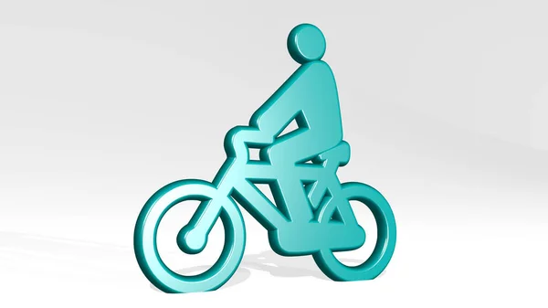 从阴影下骑自行车的人 一种由三维渲染金属材料制成的厚重雕塑 图解和自行车 — 图库照片