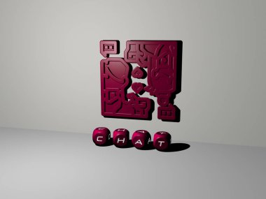 CHAT 'ın dikey olarak üç boyutlu grafiksel görüntüsü ve üst perspektiften metalik kübik harflerle oluşturulan metinler, konsept sunumu ve slayt gösterileri için mükemmel. Resim ve simge