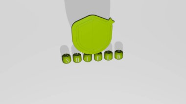 SHIELD 'in duvarında simge ve ayna zemininde metalik küp harflerle konsept ve slayt gösterisi sunumu için düzenlenmiş üç boyutlu temsili. illüstrasyon ve tasarım