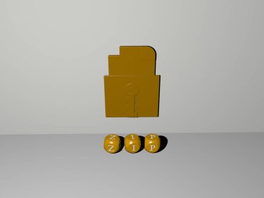 Konsept ve sunumların ilgili anlamları için metalik zar harflerinin oluşturduğu ZIP grafikleri ve metinlerin 3D çizimi. arkaplan ve satır