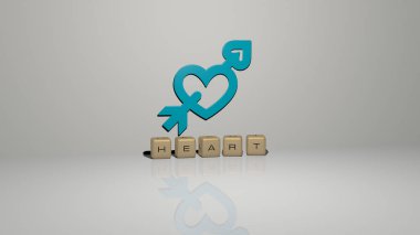 HEART 'ın dikey olarak 3D grafiksel görüntüsü, üst perspektiften metalik kübik harflerle oluşturulan metinlerle birlikte, konsept sunumu ve slayt gösterileri için mükemmel. Resim ve arkaplan