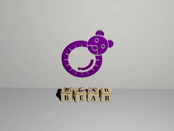 Bear的3D表示 墙壁上有图标 文字用金属立方体字母排列在镜面 用于概念意义和幻灯片演示 图解和动物 — 图库照片