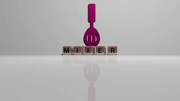 3D graphical image of mixer vertically along with text built by metallic cubic letters from the top perspective, excellent for the concept presentation and slideshows. illustration and background